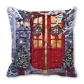 Merry Christmas peach skin pillow cover featuring a snow scene and red door design - 45x45cm / Snowy Red Door and Wreath / 10