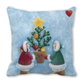 Light blue Merry Christmas throw pillow featuring Nordic cartoon characters and a Xmas tree - 18x18 Inch / Cartoon Characters Decorating Christmas Tree Style (21)