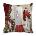 Christmas Peach Skin Pillowcase featuring festive indoor scene with winter landscape - 45x45cm / Staircase Corner Poinsettia / 11