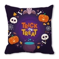 Halloween-Kissenbezug in Violett mit Kürbis, Totenkopf und Trick or Treat-Druck - Dunkelviolettes Trick or Treat (23) / 45x45 cm