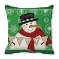Funda de cojín navideño con muñeco de nieve sobre fondo verde y pancarta de Joy - 45x45 cm / Muñeco de nieve JOY con fondo de madera verde (11)