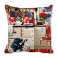 Christmas pillowcase featuring a cozy kitchen scene with a dog and cat on peach skin fabric - 45x45cm / Kitchen Labrador and Cat / 12