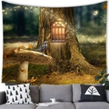 Dettaglio dell'arazzo foresta incantata con albero magico e scintille dorate sulla parete - 100x70(Pelle di Pesca) / Albero antico delle fiabe da sogno (18)