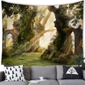 Arazzo foresta mistica con alberi muschiosi sopra un divano grigio moderno - 100x70(Pelle di Pesca) / Luce Mattutina nella Giungla (21)