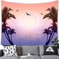 Arazzo spiaggia tropicale al tramonto con palme appeso sopra un divano in tessuto grigio - Tramonto tropicale sul mare (16)