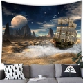 Dettaglio di un arazzo con nave a vela fantasy sotto una grande luna e montagne - 6 / 200x150(Peluche Corto)