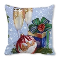 Christmas pillowcase with festive champagne, gift box and red bauble on blue stars background - Goblets and Blue Gift Box (15)