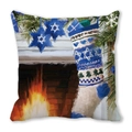 Merry Christmas peach skin pillow featuring oil painting fireplace and festive socks - 45x45cm / Star of David and Fireplace Socks / 16