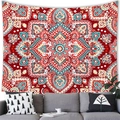Bohemian red mandala tapestry with paisley floral patterns hanging over a sofa - 100x70(Peach Skin) / Pure Red Mandala (11)