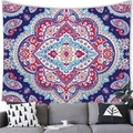 Bohemian mandala tapestry with red and blue patterns hanging above a modern sofa - 100x70(Peach Skin) / Red Blue and Beige Mandala (13)