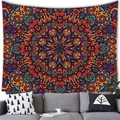 Detail of bohemian mandala tapestry featuring colorful geometric patterns on a living room wall - 100x70(Peach Skin) / Purple and Orange Mandala (14)
