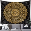 Detailed view of bohemian mandala tapestry hanging above a grey sofa for home decor - 100x70(Peach Skin) / Black with Golden Center Mandala (17)