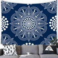 Detailed close-up of large blue mandala tapestry with white dot pattern on modern wall - 100x70(Peach Skin) / Dark Blue with White Dots Mandala (18)