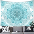 Detail of teal mandala geometric tapestry hanging as a wall backdrop above a sofa - 100x70(Peach Skin) / Teal and White Mandala (20)