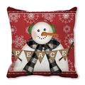 Funda de cojín navideña con muñeco de nieve, bufanda de cuadros y diseño Peace - 45x45 cm / Muñeco de nieve PEACE con fondo rojo y copos blancos (16)