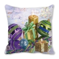 Christmas cushion cover featuring golden candle, gift box and festive holiday ornaments - Gold Candle and Green Purple Balls (18)