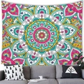Bohemian mandala wall tapestry with colorful geometric floral patterns above a gray sofa - 100x70(Peach Skin) / Rose and Teal Mandala (8)