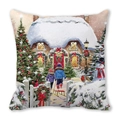 Christmas cushion cover with snowy village, Santa, and snowman on peach skin fabric - 45x45cm / Winter European Country Cottage / 18