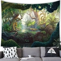 Arazzo da parete foresta incantata con alberi e ruscello sopra divano grigio - Mistero della Giungla Primitiva (6) / 150x100cm (Pelle di pesca)