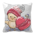 Close-up of cartoon penguin and bird print on soft peach skin fabric cushion cover - Chick Holding Heart and Purple Bird (Style 6)