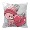 Detail of Christmas throw pillow featuring a cute cartoon cat with a heart and snowflake motifs - Pink Cat Holding Heart and Purple Bird (Style 7)