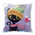Detailed view of the Christmas black cat illustration on peach skin fabric pillowcase - Scarf Black Cat and Red Heart (Style 10)
