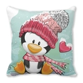 Detailed view of square pillow featuring a cute penguin in winter hat and pink scarf - Winter Penguin and Heart (Style 9)