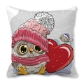Christmas cushion cover featuring a cartoon owl with red heart on snowy background - Owl Holding Heart and Bird (Style 11)