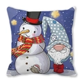 Detail of square cushion cover with festive snowman and gnome cartoon illustration - Dark Blue Background Snowman and Gnome (Style 34)