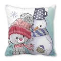 Close-up of peach skin cushion with cute cartoon cat, snowman, and winter bird design - Grey Cat and Cup Hat Snowman (Style 12)
