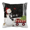 Funda de cojín de Navidad en piel de melocotón con diseño de muñeco de nieve y camión - 45x45 cm / Muñeco de nieve con camión rojo y bandera JOY (18)