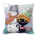 Detail of soft peach skin cushion cover featuring a cartoon cat and snowman winter illustration - Scarf Black Cat and Snowman (Style 13)