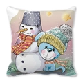 Detailed view of Christmas pillow showing cute snowman and blue dog on soft peach skin fabric - Starry Sky Blue Dog and Snowman (Style 14)