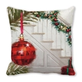 Christmas peach skin cushion with oil painting style holiday staircase and gift box design - 45x45cm / White Staircase Holiday Scene / 19