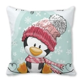 Detailed view of Merry Christmas peach skin pillow cover with cartoon penguin illustration - Christmas Cartoon Penguin (Style 15)