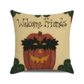 Halloween kussenhoes Welcome Friends met rode pompoen ontwerp op beige linnen stof - Welcome Friends Vermenselijkte Pompoen