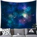 Space mandala wall tapestry with deep blue nebula geometry over a grey sofa - 7 / 100x70(Peach Skin)