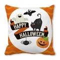 Halloween-Kissenbezug mit schwarzer Katze, Kürbis und Text auf orangefarbenem Wellenmuster - Orange-weiß gewelltes Halloween (33) / 45x45 cm