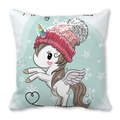 Winter cartoon unicorn throw pillow cover made of peach skin fabric with snowflakes - Snowy Unicorn (Style 17)