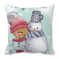 Merry Christmas square throw pillow featuring a cute cartoon bear and snowman illustration - Christmas Bear and Snowman (Style 18)