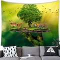 Arazzo foresta onirica con cervi su isola sospesa appeso sopra un divano - 100x70(Pelle di Pesca) / Spettacolo di Isola e Cervo Sika (10)