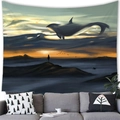 Artistic tapestry showing a whale jumping against a sunset sky over an indoor sofa - 100x70(Peach Skin) / Sunset and Flying Whale (11)