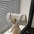 Minimalist white lychee grain shoulder bag with gold twist lock for women - White