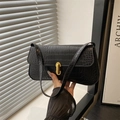 Classic black faux crocodile leather underarm bag with an elegant golden oval clasp - Black