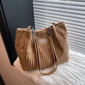 Brown corduroy tote bag with silver chain strap and leather details for women - Brown