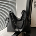 Large black nylon tote bag with white FASHION lettering and woven rope handles - Black