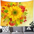 Watercolor sunflower tapestry with autumn leaves and berries for home wall decoration - 100X70 / Pastoral Sunflower Autumn Harvest Style (18)