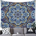Bohemian mandala tapestry with blue and yellow geometric patterns for wall decor - 100x70(Peach Skin) / Blue and Yellow Mandala (7)