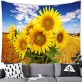 Watercolor sunflower tapestry wall hanging with golden wheat field and blue sky landscape - 200X150 / Sunflower Close-up Blue Sky Style (1)