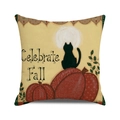 Celebrate Fall kussenhoes met zwarte kat op pompoen en volle maan illustratie - Celebrate Fall Zwarte Kat Pompoen (Beige)